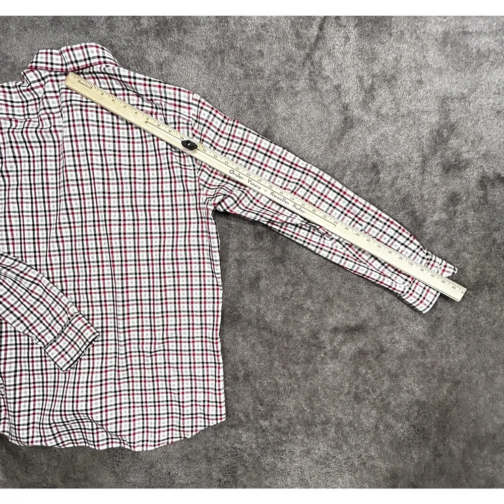 Banana Republic Men L Camden Fit Non-Iron Red Gray Black Herringbone Plaid Shirt